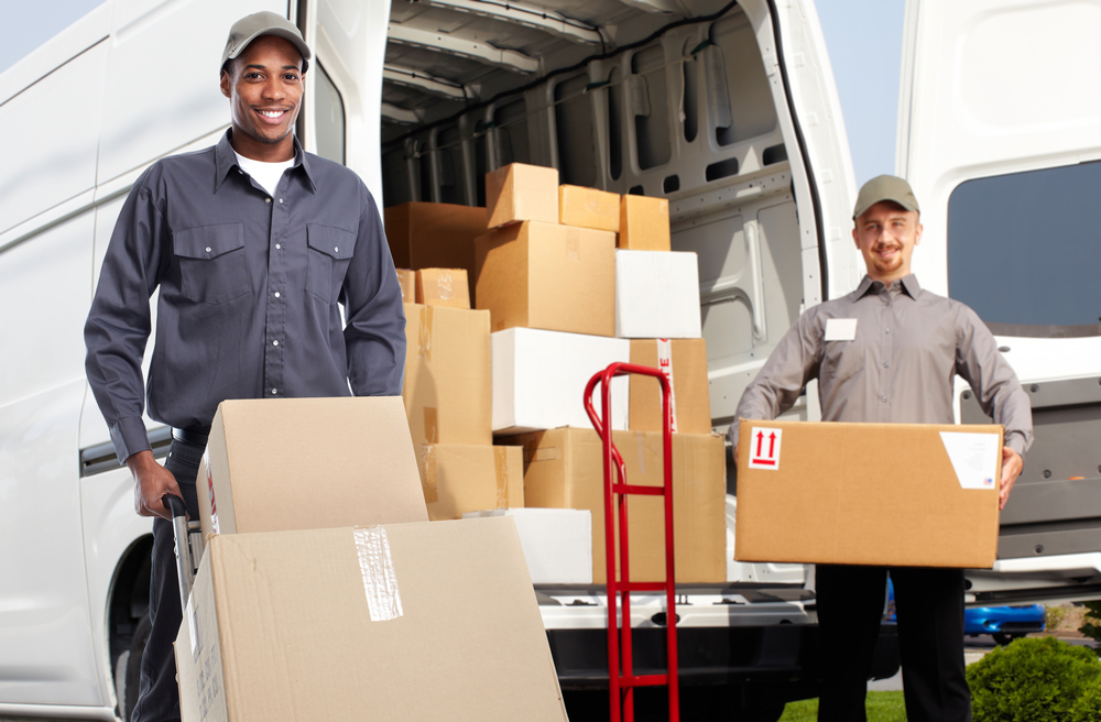 two men from moving company holding boxes standing at the back of a moving truck
