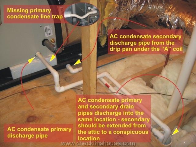 AC condensate primary and secondary discharge pipes - attic air conditioner drip pan installation