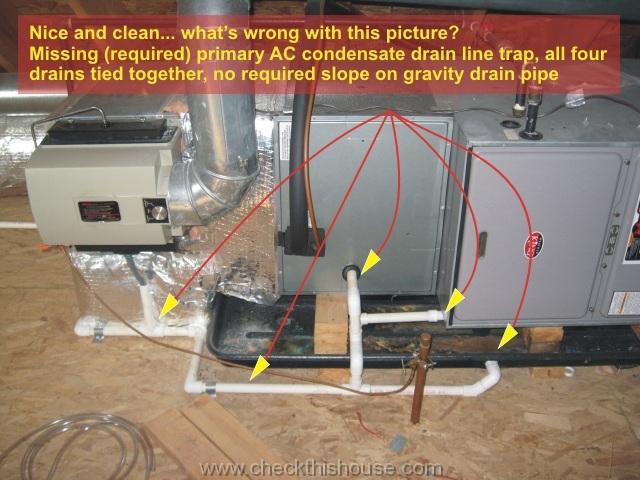 Attic air conditioner drip pan installation - missing (required) primary AC condensate drain line trap, all four drains tied together, no required slope on gravity drain pipe