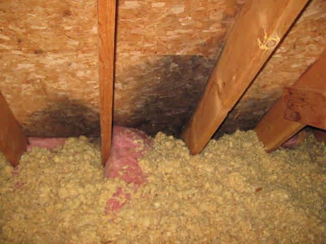 Attic ventilation - cathedral ceiling insulation without required 2 inch spacing to decking and no vent chutes installed (cold climate) often results in mold growth