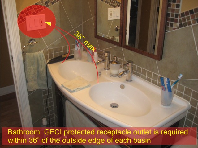 Bathroom GFCI protection - an outlet is required within 36 inches from the outside edge of each basin