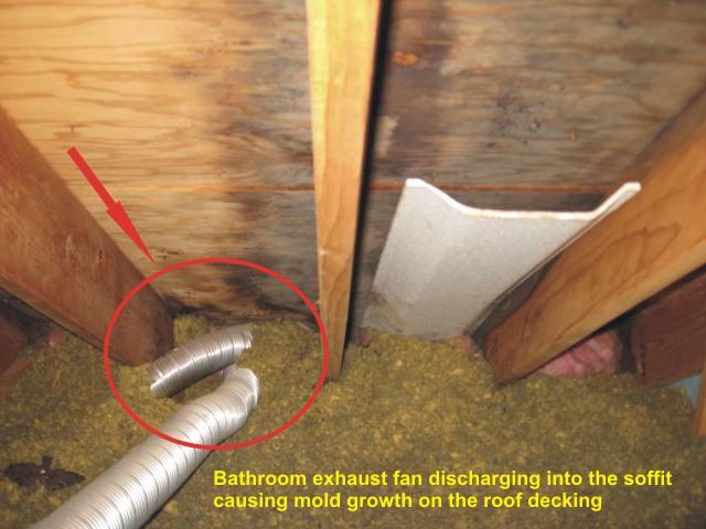 Bathroom vents discharging into the soffit - air returning into the attic through the vent chute and causing mold growth