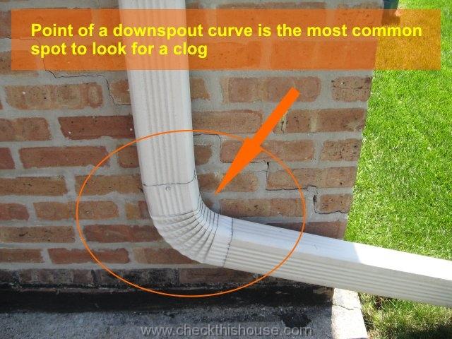 Bottom point of a downspout curve is the most common spot to look for a clog
