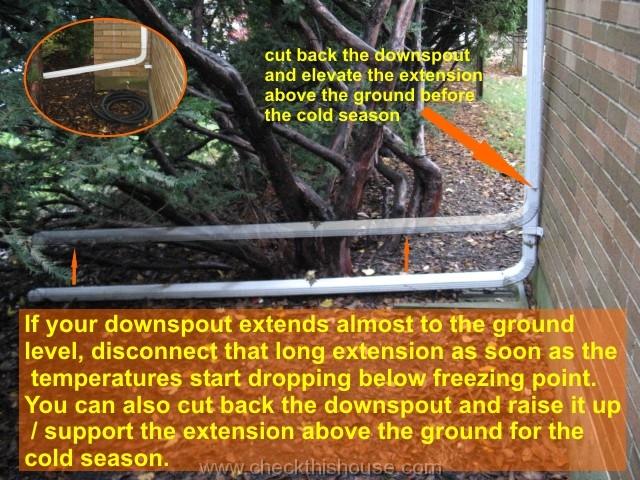 Cut back the downspout and elevate it above the ground before the cold season