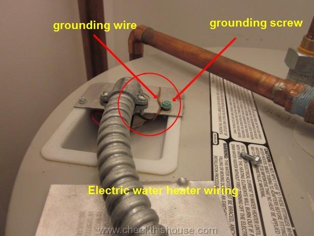 Electric water heater installation grounding terminal screw and grounding wire installed - water heater inspection