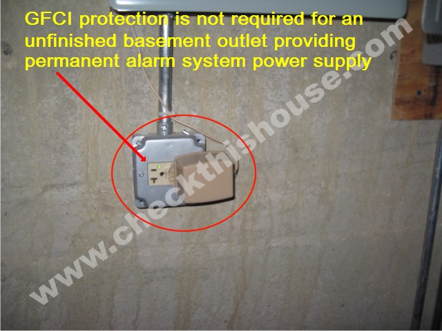 GFCI protection is not required for an unfinished basement outlet providing alarm system power supply