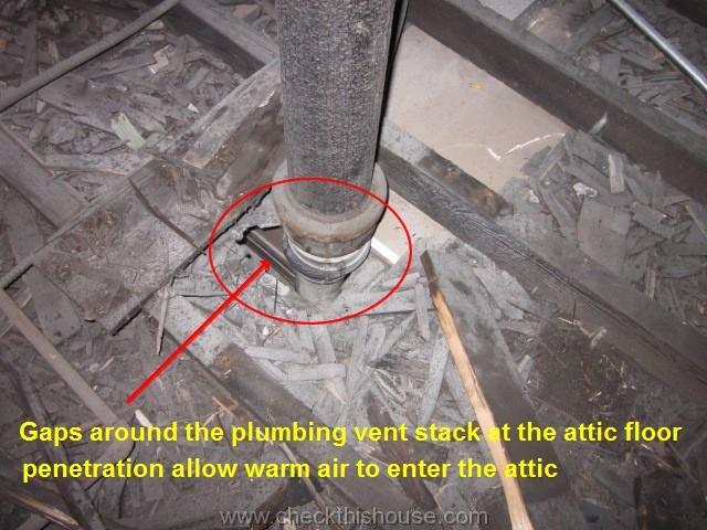 Attic mold - gaps around the plumbing vent stack at the attic floor penetration allow warm air to enter the attic