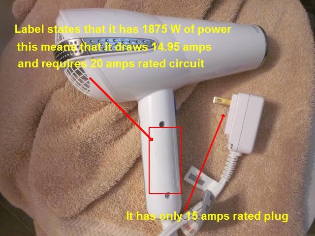 Hair dryer, which has 1875 Watts of power draws almost 15 amps and should have a 20 amp rated plug, instead of an installed15 amp type plug