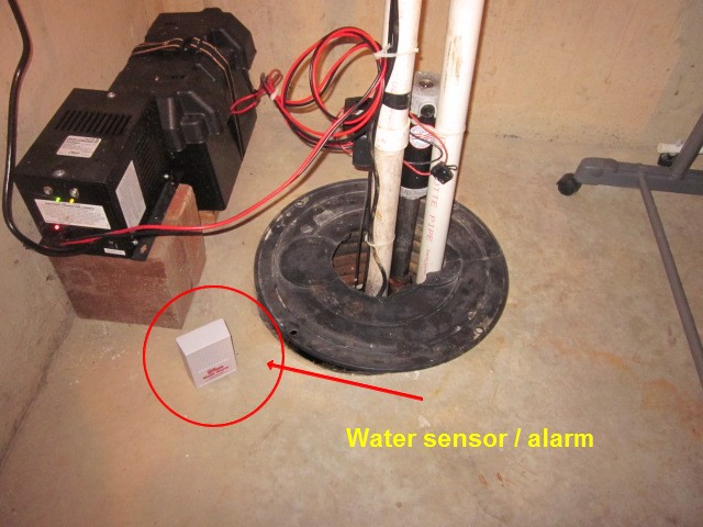 House sump pump water sensor-alarm