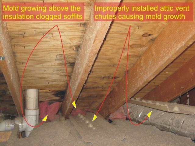 Improperly installed attic vent chutes compromise attic ventilation and are responsible for mold growth