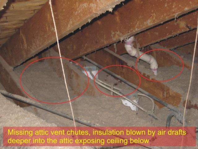 Attic ventilation problems - missing attic vent chutes, insulation blown by air drafts away from the soffit, exposed ceiling below