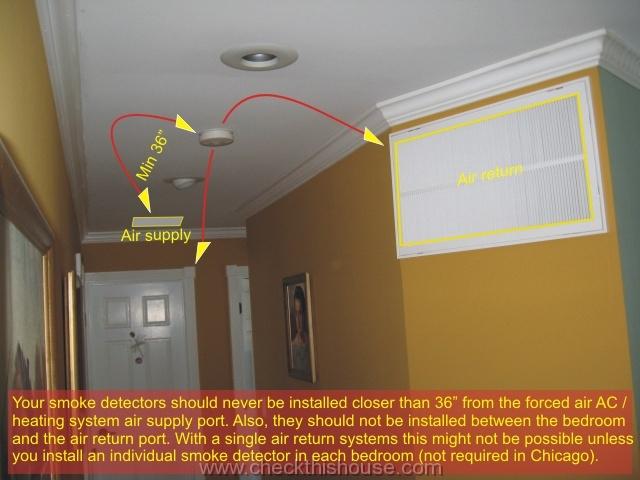 Smoke alarm detector placement in air supply vent area