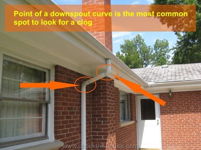 Top point of a downspout curve is the most common spot to look for a clog