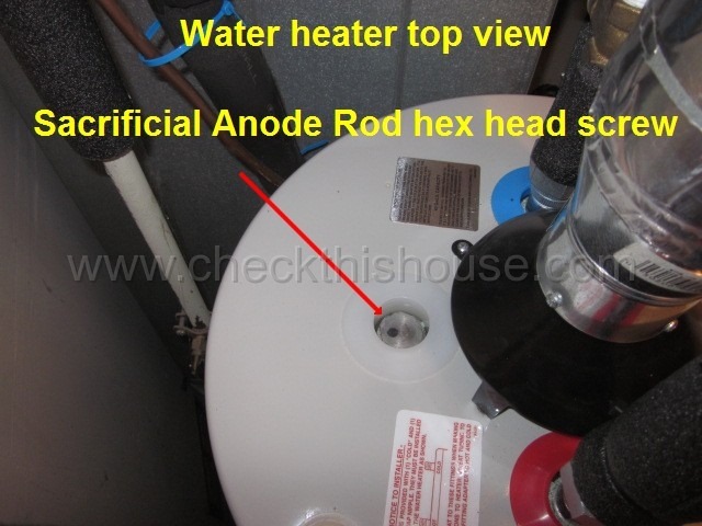 Water heater maintenance - most typical / exposed sacrificial anode rod hex head location
