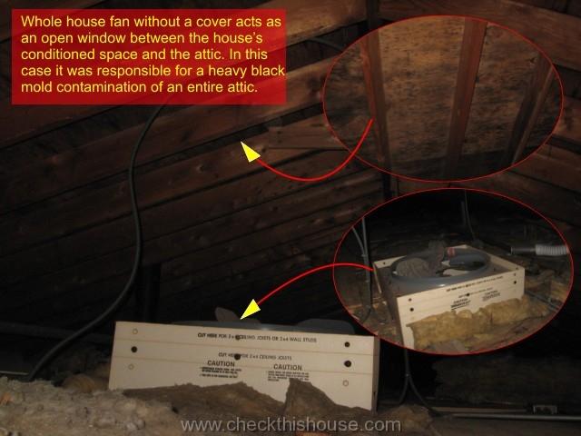 Whole house fan without insulating cover responsible for warm air migration into the attic and mold growth