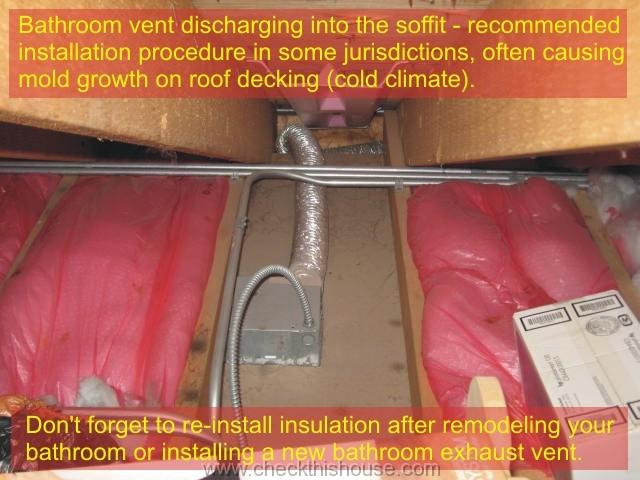 Bathroom vent discharging into the soffit which is not recommended
