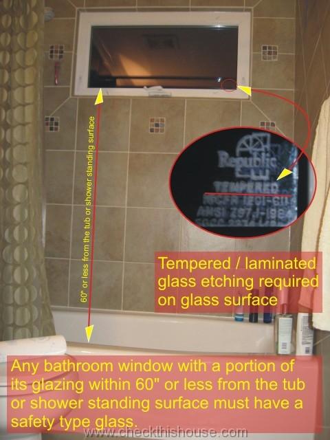 Bathroom window safety glass - required for any windows within 60 inches from the tub or shower standing surface