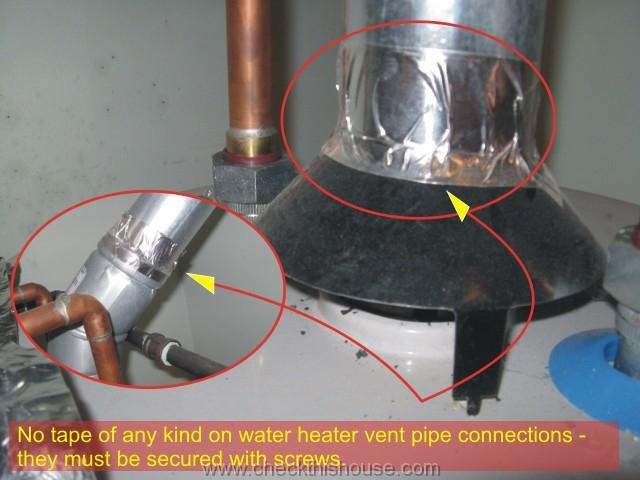 Chicago condo water heater installation inspection - no tape of any kind on water heater vent pipe connections, they must be secured with screws