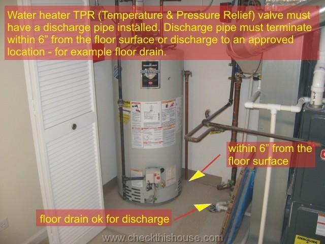 Chicago condo water heater installation inspection - TPR valve discharge pipe must terminate within 6 inches from the floor surface
