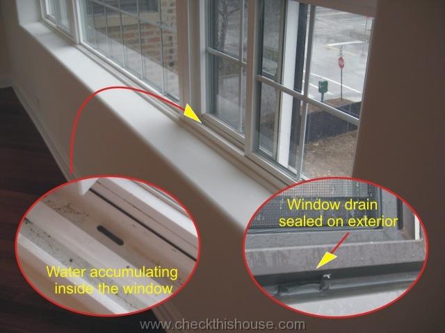 Chicago condo window inspection - water accumulating inside the window because of the clogged window drain