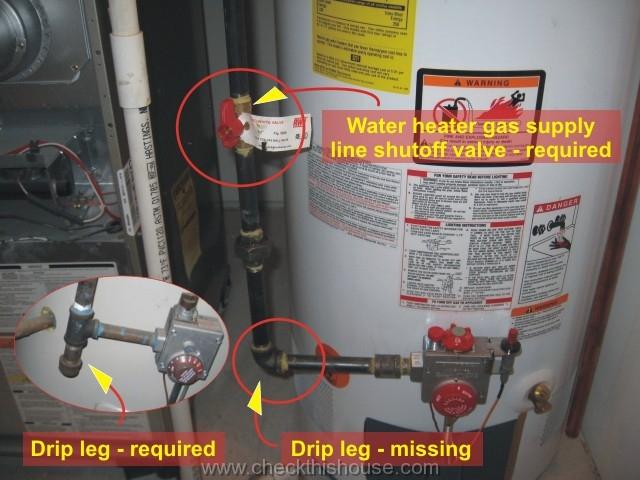Chicago new condo water heater installation inspection - gas line shutoff valve and drip leg are required