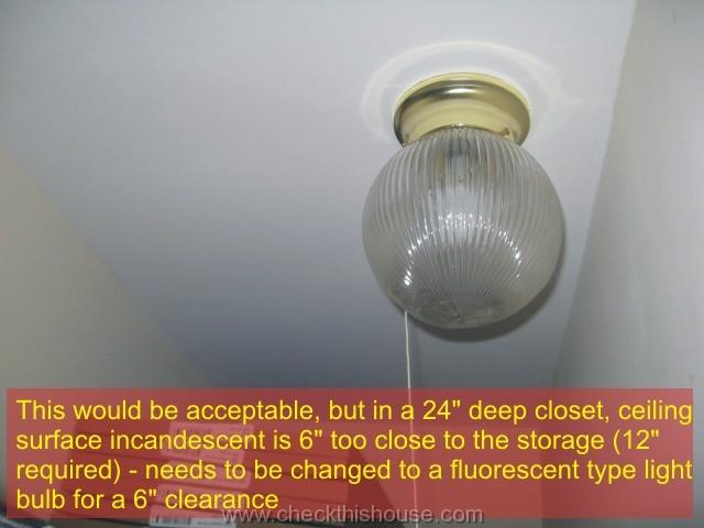 Closet fire - fully enclosed incandescent closet light fixture is permitted but it must be at least 12 inches from the storage