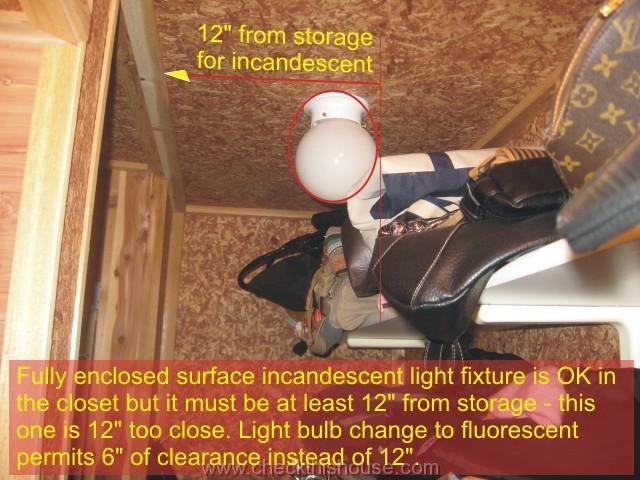 Closet fire prevention - fully enclosed surface incandescent light fixture is OK but must be 12 inches from the storage or replaced with fluorescent for 6 inches clearance