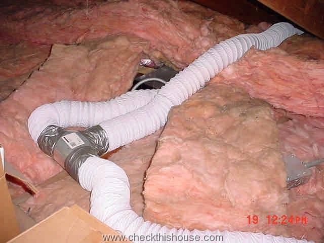 Clothes dryer vent and bathroom vent jointed together - vent pipe material and connection not permitted