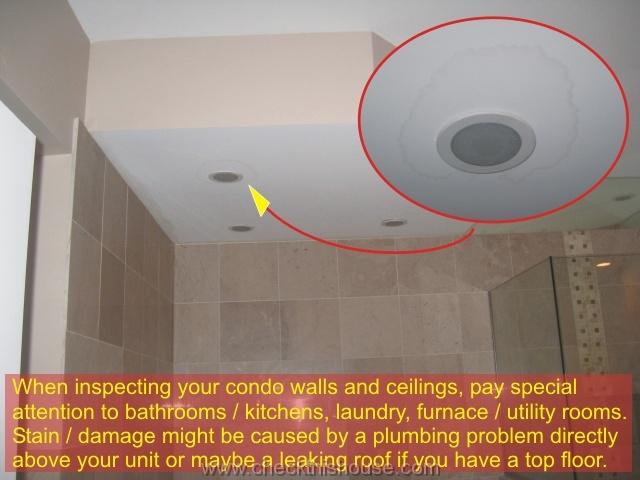Condo inspection - leakage stains on the bathroom ceiling caused by faulty hydro-spa plumbing above