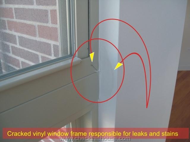 Condo window inspection - cracked window frame responsible for leaks and wall stains