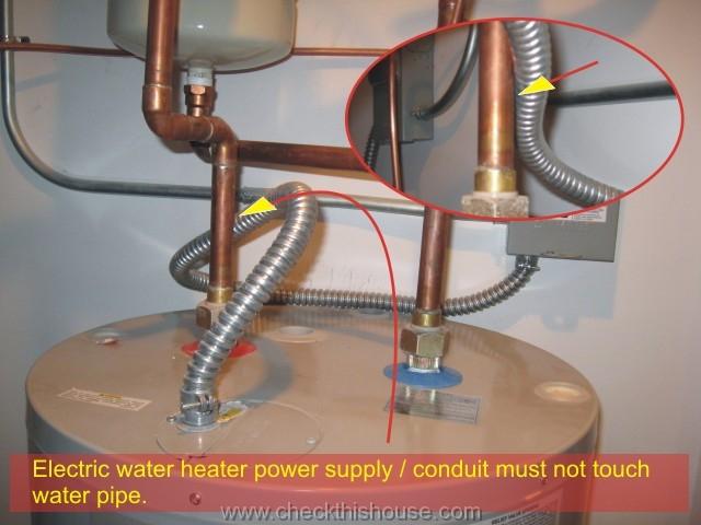 Electric water heater installation power supplying conduit must not touch water pipe