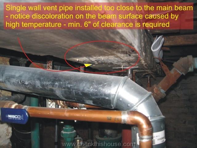 Furnace, water heater vent pipe clearances - single wall vent pipe installed too close to the main beam