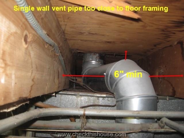 Furnace, water heater vent pipe clearances - single wall vent pipe requires 6 inches clearance from the floor framing