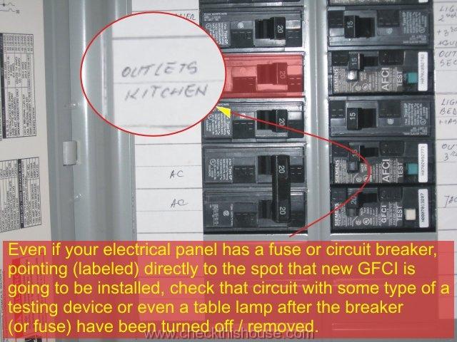 How to install GFCI outlet - even if the electrical panel breaker is labeled, make sure that it turns off described on label receptacle