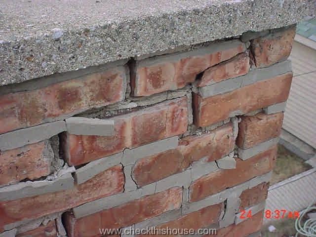 Heavily deteriorated mortar between the chimney bricks
