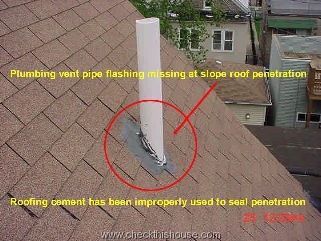 Missing flashing at the plumbing vent pipe sloped roof penetration