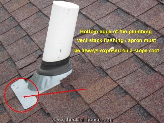 Properly installed plumbing vent flashing on sloped shingle roof