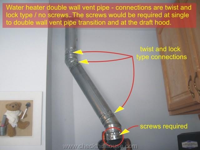 Water heater installation inspection - double wall vent pipe connections are twist and lock type, no screws