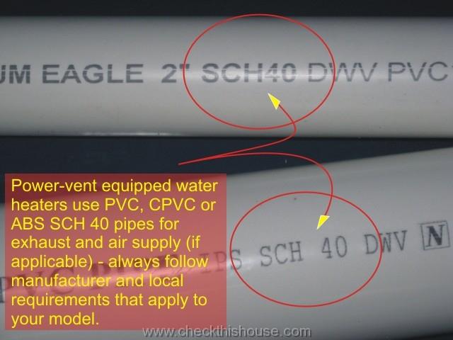 Water heater power vent PVC pipe - SCH 40 PVC, CPVC and ABS pipes are used for venting